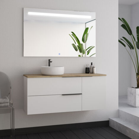 Meuble de salle de bain 100cm avec vasque à poser ronde - blanc - KING et miroir Led STAM