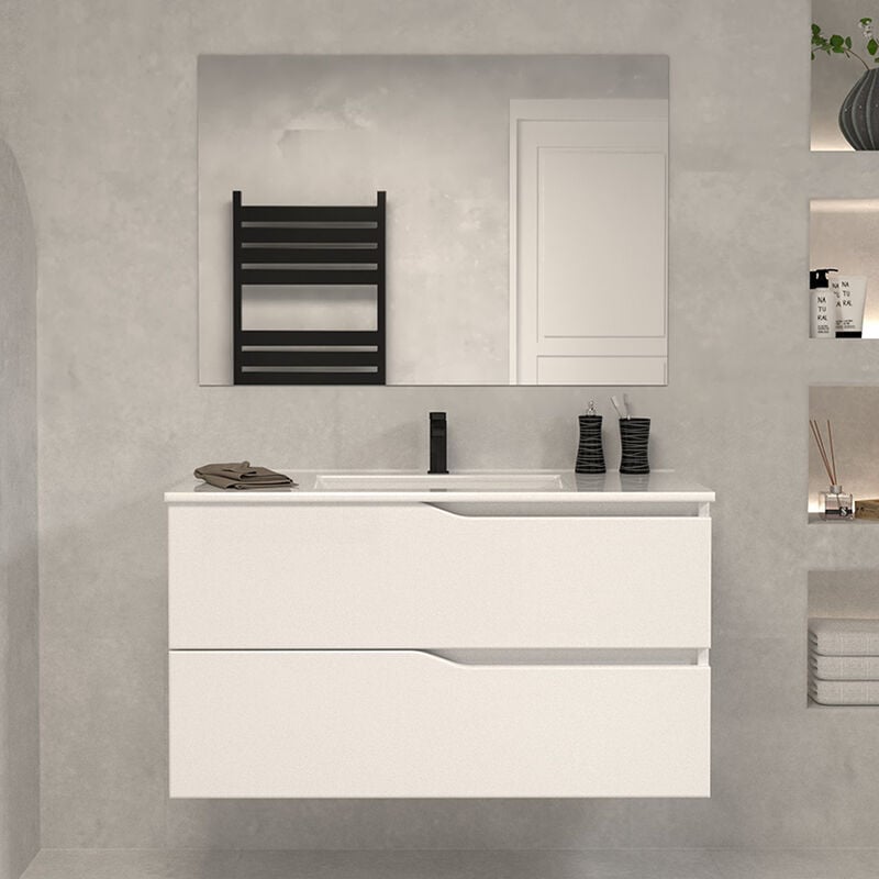 Cosyneo - Meuble de salle de bain 100cm simple vasque - 2 tiroirs - blanc - luna