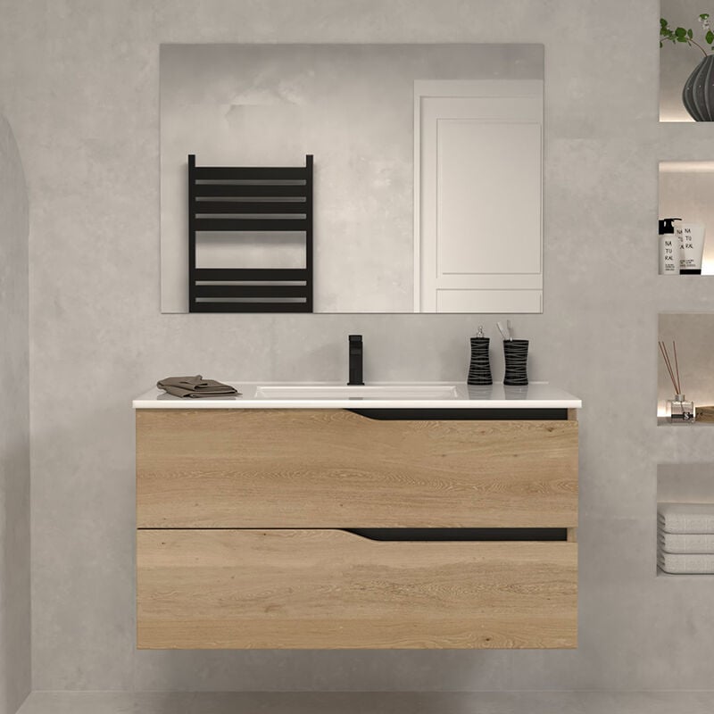 Cosyneo - Meuble de salle de bain 100cm simple vasque - 2 tiroirs - madera miel (bois clair) - luna