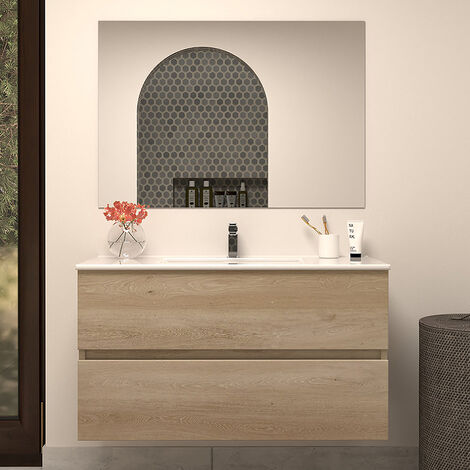 Meuble de salle de bain 100cm simple vasque - 2 tiroirs - nebraska (bois clair) - IDA