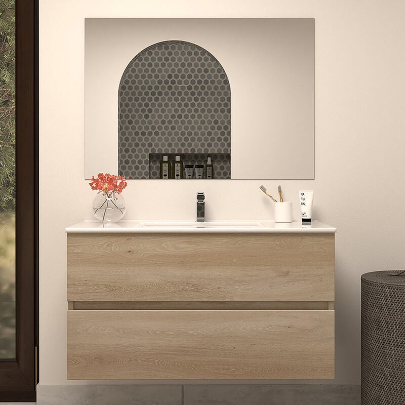 Cosyneo - Meuble de salle de bain 100cm simple vasque - 2 tiroirs - nebraska (bois clair) - ida