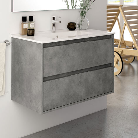 Meuble de salle de bain 100cm simple vasque - 2 tiroirs - sans miroir - ciment (gris) - IRIS
