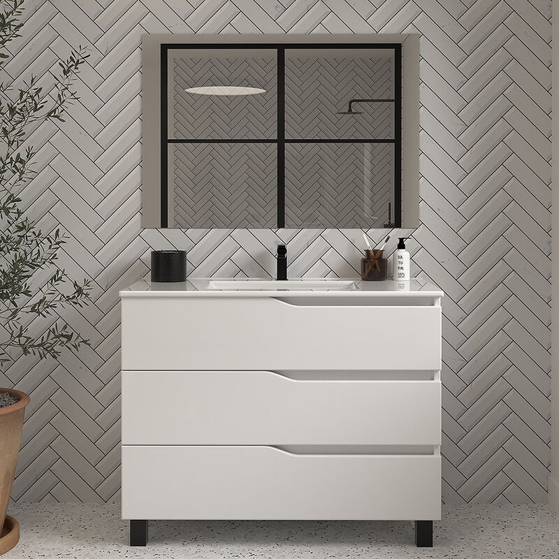 Cosyneo - Meuble de salle de bain 100cm simple vasque - 3 tiroirs - blanc - mata