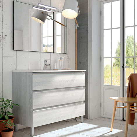Meuble de salle de bain 100cm simple vasque - 3 tiroirs - hibernian (bois blanchi) - PALMA