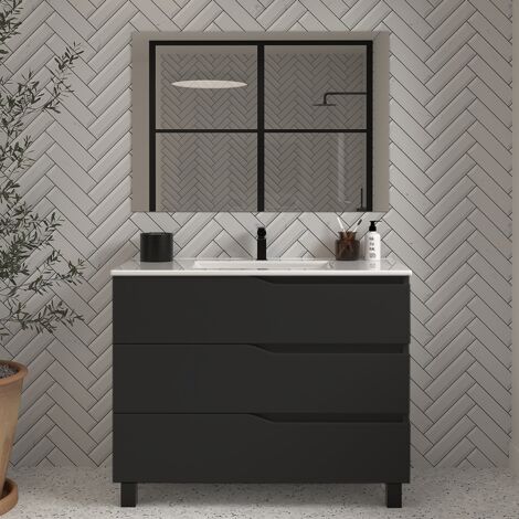 Meuble de salle de bain 100cm simple vasque - 3 tiroirs - noir - MATA