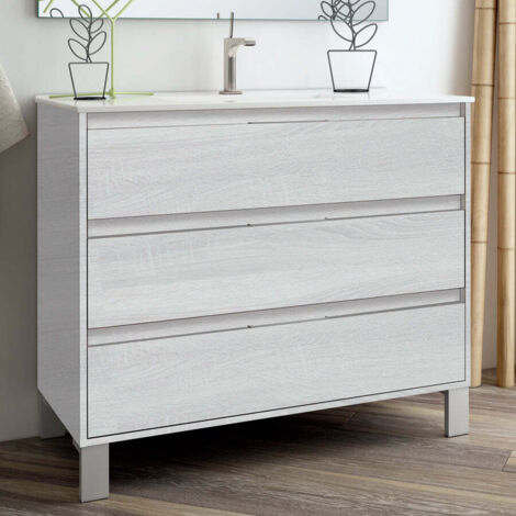 Meuble de salle de bain 100cm simple vasque - 3 tiroirs - sans miroir - hibernian (bois blanchi) - TIRIS 3C