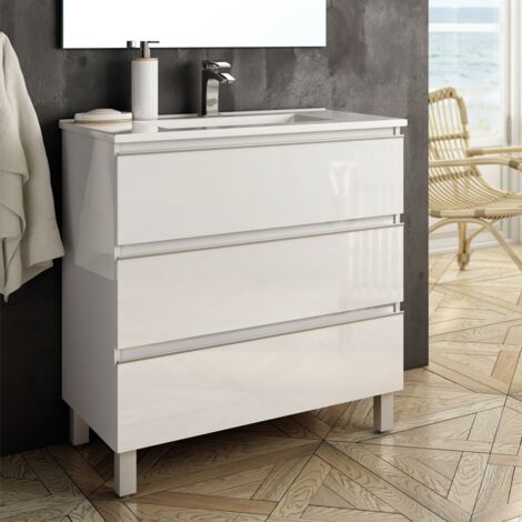Meuble de salle de bain 100cm simple vasque - 3 tiroirs - sans miroir - PALMA - Blanc
