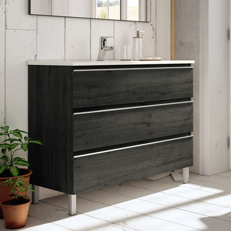 Meuble de salle de bain 100cm simple vasque - 3 tiroirs - sans miroir - PALMA - Ebony (bois noir)