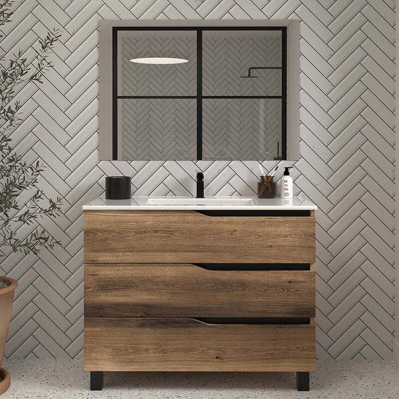 Cosyneo - Meuble de salle de bain 100cm simple vasque - 3 tiroirs - tabaco (bois foncé) - mata