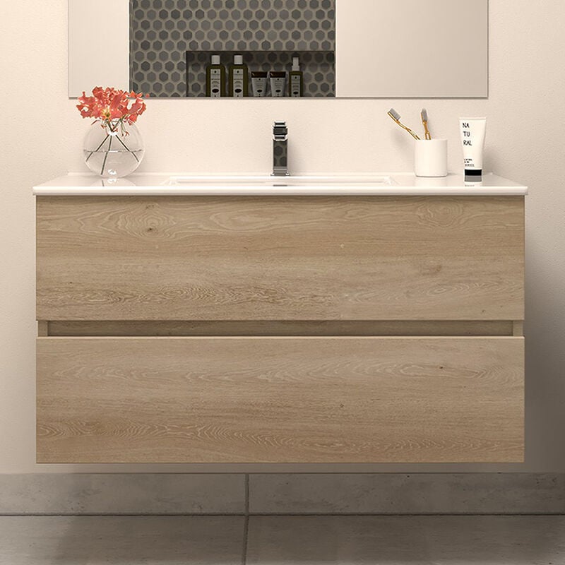 Cosyneo - Meuble de salle de bain 100cm simple vasque - sans miroir - 2 tiroirs - nebraska (bois clair) - ida