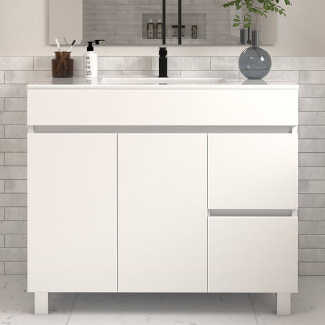 Meuble de salle de bain 100cm simple vasque sans miroir avec portes et tiroirs - blanc - HARO