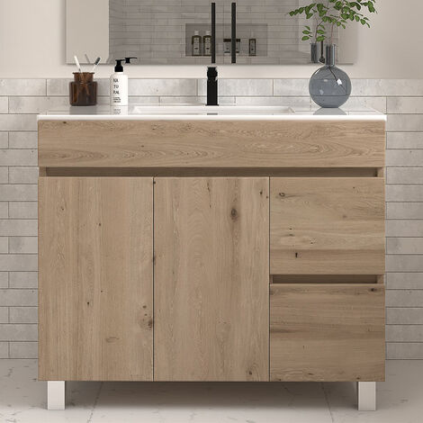 Cosyneo – Meuble de salle de bain 100cm avec vasque simple – 2 tiroirs et 2 portes – Panneaux mélaminés hydrofuges – Installation facile