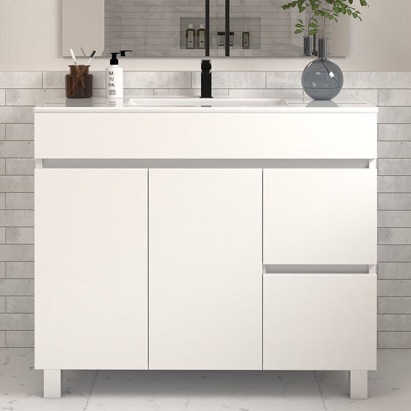 Meuble de salle de bain 100cm simple vasque sans miroir à poseravec portes et tiroirs - blanc - haro