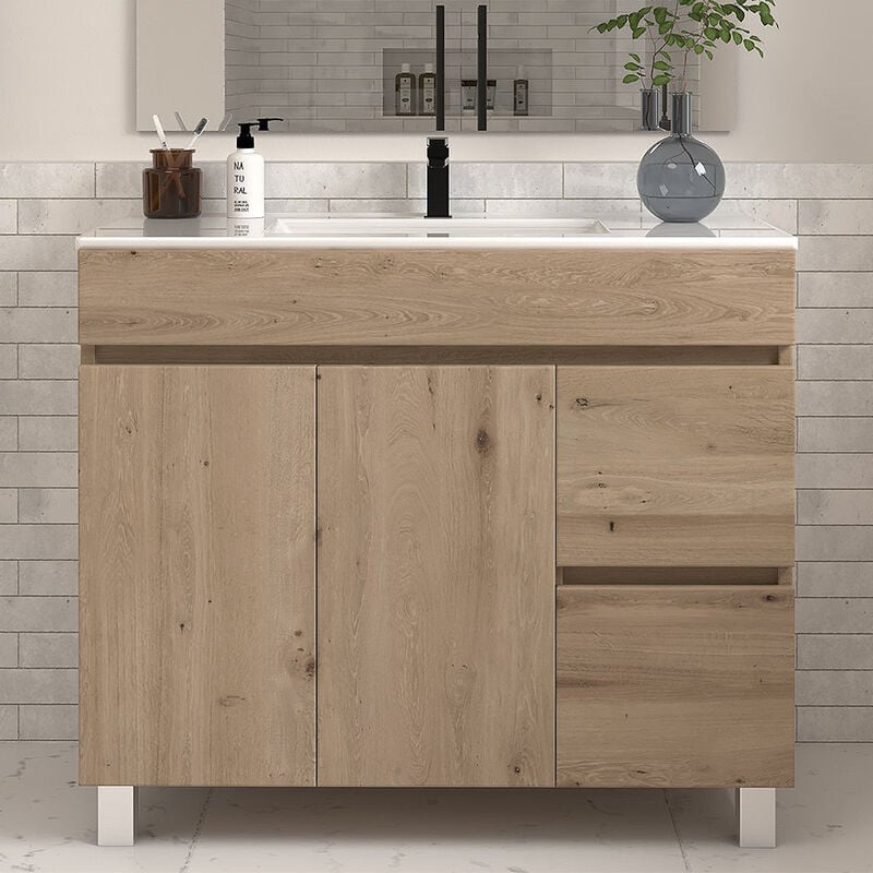 Meuble de salle de bain 100cm simple vasque sans miroir à poseravec portes et tiroirs - cambrian (chêne clair) - haro