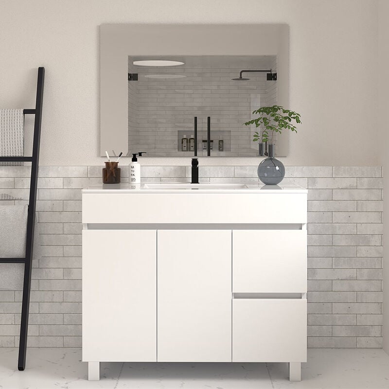 Cosyneo - Meuble de salle de bain 100cm simple vasque à poseravec portes et tiroirs - blanc - haro