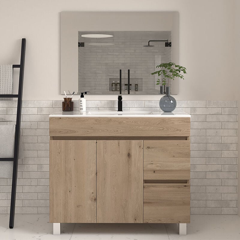 Cosyneo - Meuble de salle de bain 100cm simple vasque à poseravec portes et tiroirs - cambrian (chêne clair) - haro