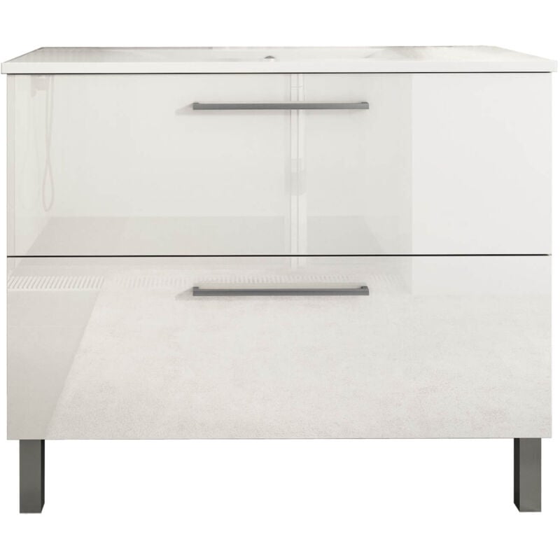 Mennza - Meuble de salle de bain 100cm stay two classic blanc brillant - Vasque en céramique