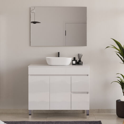 Meuble de salle de bain 100cm sur pieds avec plateau et une cuve à poser arrondie - portes et tiroirs - blanc - HARO