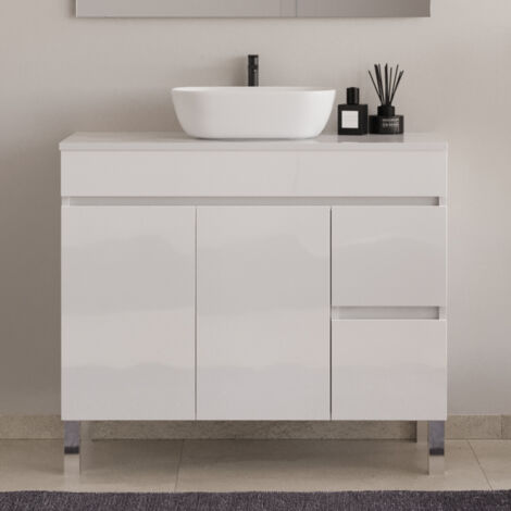 Meuble de salle de bain 100cm sur pieds avec plateau et une cuve à poser arrondie - sans miroir - portes et tiroirs - blanc - HARO