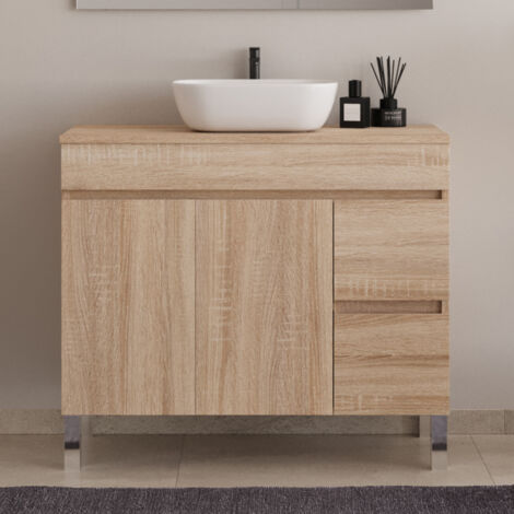 Meuble de salle de bain 100cm sur pieds avec plateau et une cuve à poser arrondie - sans miroir - portes et tiroirs - cambrian (chêne clair) - HARO