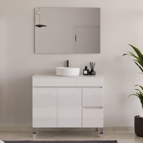 Meuble de salle de bain 100cm sur pieds avec plateau et une cuve à poser ronde - portes et tiroirs - blanc - HARO