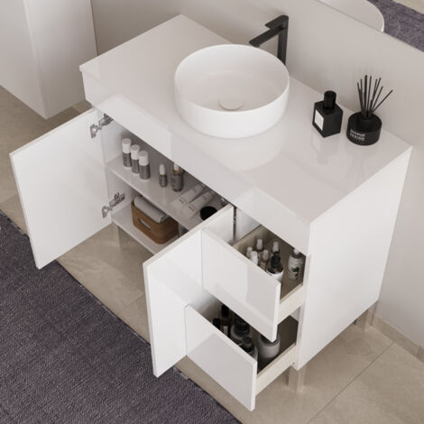 Meuble de salle de bain 100cm sur pieds avec plateau et une cuve à poser ronde - sans miroir - portes et tiroirs - blanc - HARO