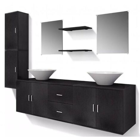 Meuble de salle de bain 11 pièces bois laqué noir Val