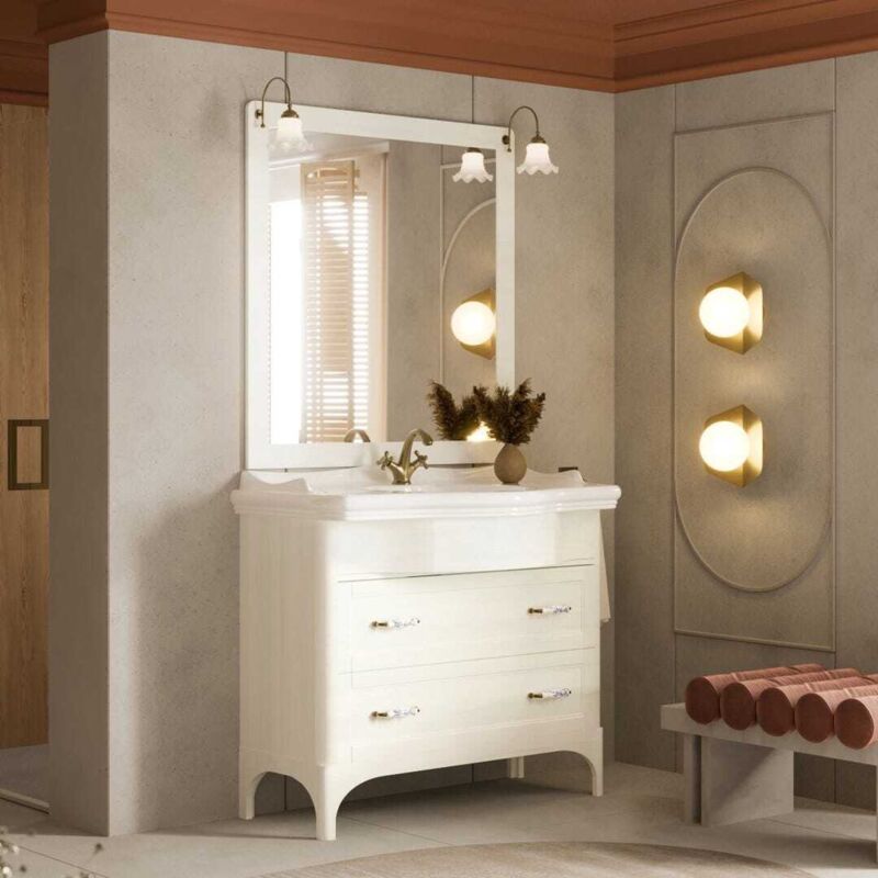 Kiamami Valentina - Meuble De Salle De Bain 115Cm Blanc Décapé 2 Tiroirs Toscana