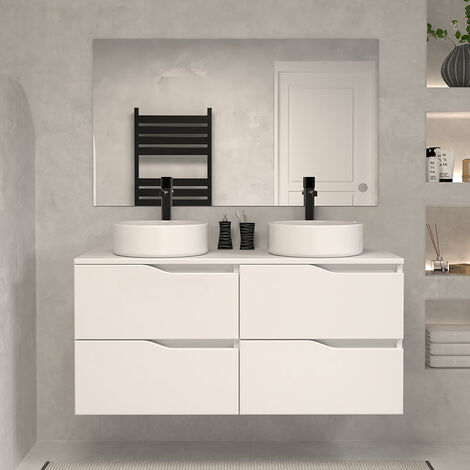 Meuble de salle de bain 120 avec plateau et 2 vasques à poser - 4 tiroirs - blanc - LUNA