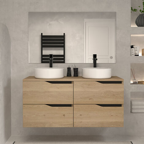 Meuble de salle de bain 120 avec plateau et 2 vasques à poser - 4 tiroirs - madera miel (bois clair) - LUNA
