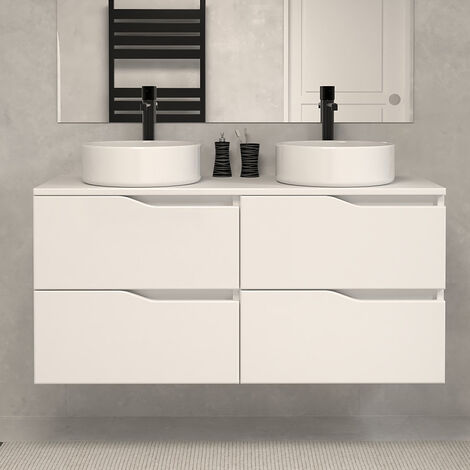 Meuble de salle de bain 120 avec plateau et 2 vasques à poser - sans miroir - 4 tiroirs - blanc - LUNA