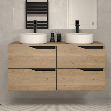 Meuble de salle de bain 120 avec plateau et 2 vasques à poser - sans miroir - 4 tiroirs - madera miel (bois clair) - LUNA