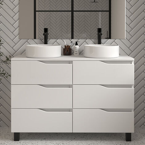Meuble de salle de bain 120 avec plateau et 2 vasques à poser - sans miroir - 6 tiroirs - blanc - MATA