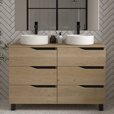 Meuble de salle de bain 120 avec plateau et 2 vasques à poser - sans miroir - 6 tiroirs - madera miel (bois clair) - MATA