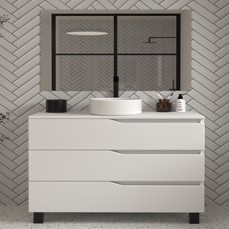 Cosyneo - Meuble de salle de bain 120 avec plateau et vasque à poser - 3 tiroirs - blanc - mata