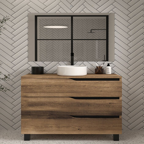 Meuble de salle de bain 120 avec plateau et vasque à poser - 3 tiroirs - tabaco (bois foncé) - MATA
