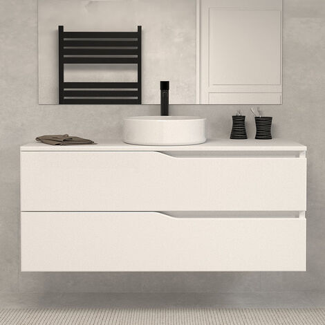 Meuble de salle de bain 120 avec plateau et vasque à poser - sans miroir - 2 tiroirs - blanc - LUNA