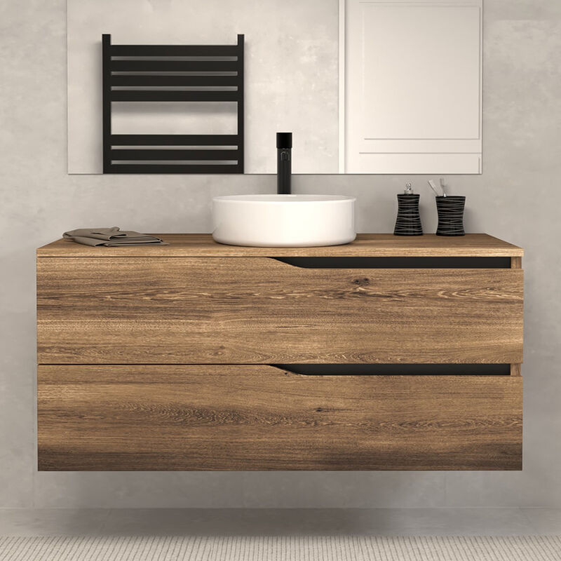 Cosyneo - Meuble de salle de bain 120 avec plateau et vasque à poser - sans miroir - 2 tiroirs - tabaco (bois foncé) - luna