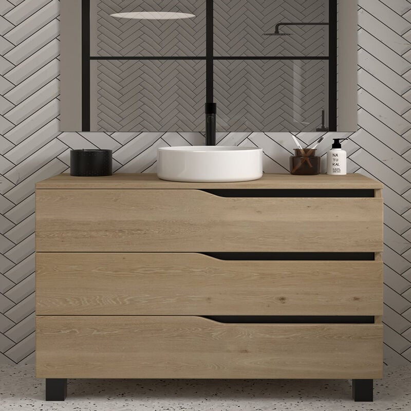 Meuble de salle de bain 120 avec plateau et vasque à poser - sans miroir - 3 tiroirs - madera miel (bois clair) - mata