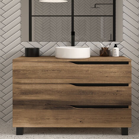 Meuble de salle de bain 120 avec plateau et vasque à poser - sans miroir - 3 tiroirs - tabaco (bois foncé) - MATA