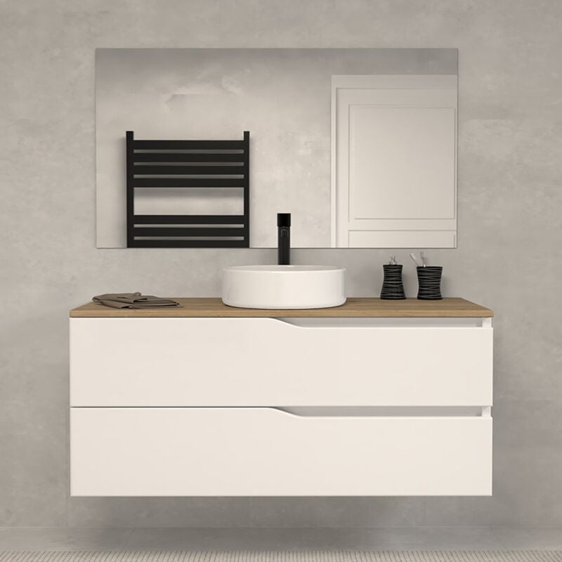 Cosyneo - Meuble de salle de bain 120cm avec plateau miel et vasque à poser - 2 tiroirs - blanc - luna