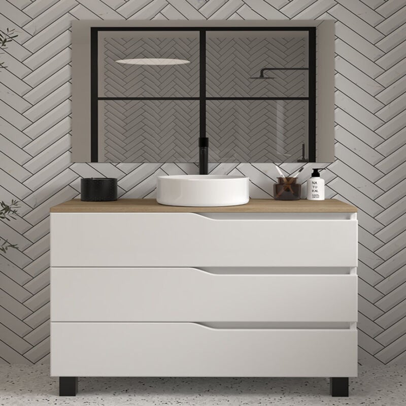 Cosyneo - Meuble de salle de bain 120cm avec plateau miel et vasque à poser - 3 tiroirs - blanc - mata