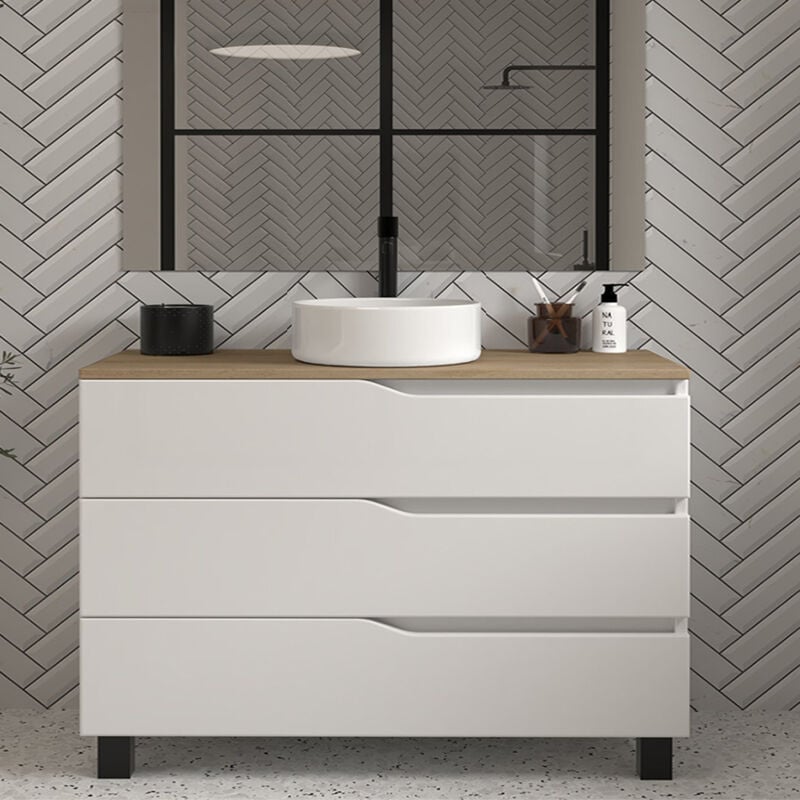 Cosyneo - Meuble de salle de bain 120cm avec plateau miel et vasque à poser - sans miroir - 3 tiroirs - blanc - mata