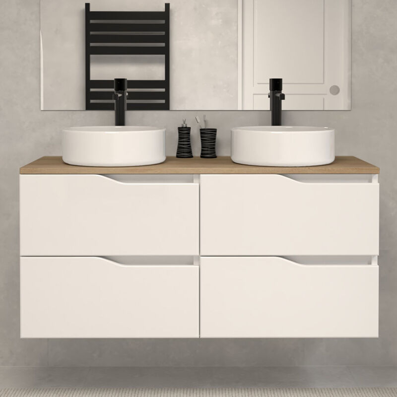 Meuble de salle de bain 120cm avec plateau miel et vasque à poser - sans miroir - 4 tiroirs - blanc - luna