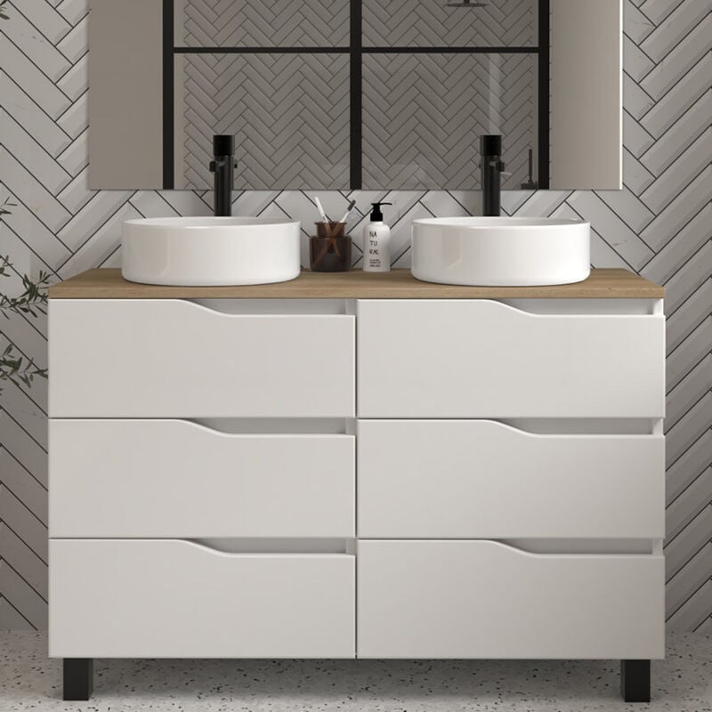 Cosyneo - Meuble de salle de bain 120cm avec plateau miel et vasque à poser - sans miroir - 6 tiroirs - blanc - mata