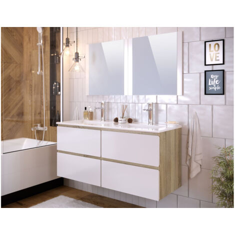 Meuble de salle de bain 120 cm ALANI chêne et blanc - Bois clair