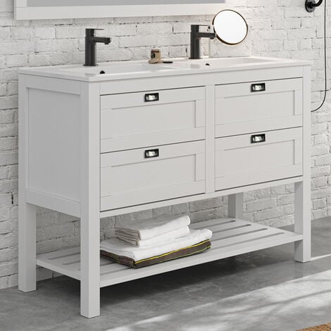 Meuble de salle de bain 120 cm double vasque - pin massif - 2 tiroirs - sans miroir - PYLA - Blanc