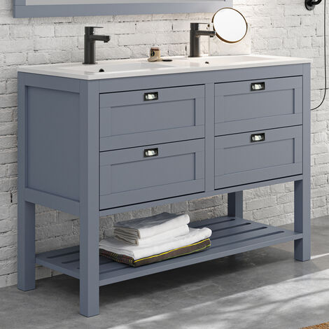 Meuble de salle de bain 120 cm double vasque - pin massif - 2 tiroirs - sans miroir - PYLA - Bleu