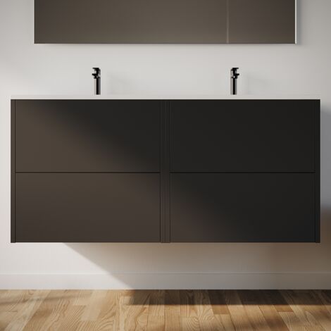 Cosyneo – Meuble double vasque 120cm noir mat – 4 tiroirs avec fermeture douce – Panneaux mélaminés hydrofuges – Livré monté