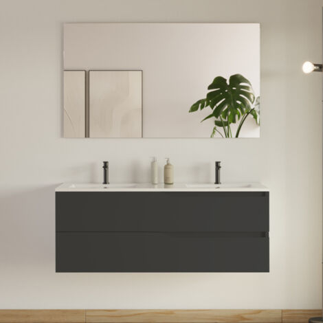 Meuble de salle de bain 120cm avec plan double vasque - 2 tiroirs - noir - LUNA